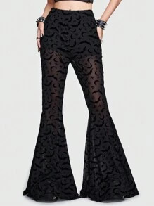 ROMWE Goth Bat Print Mesh Flare Leg Pants | SHEIN