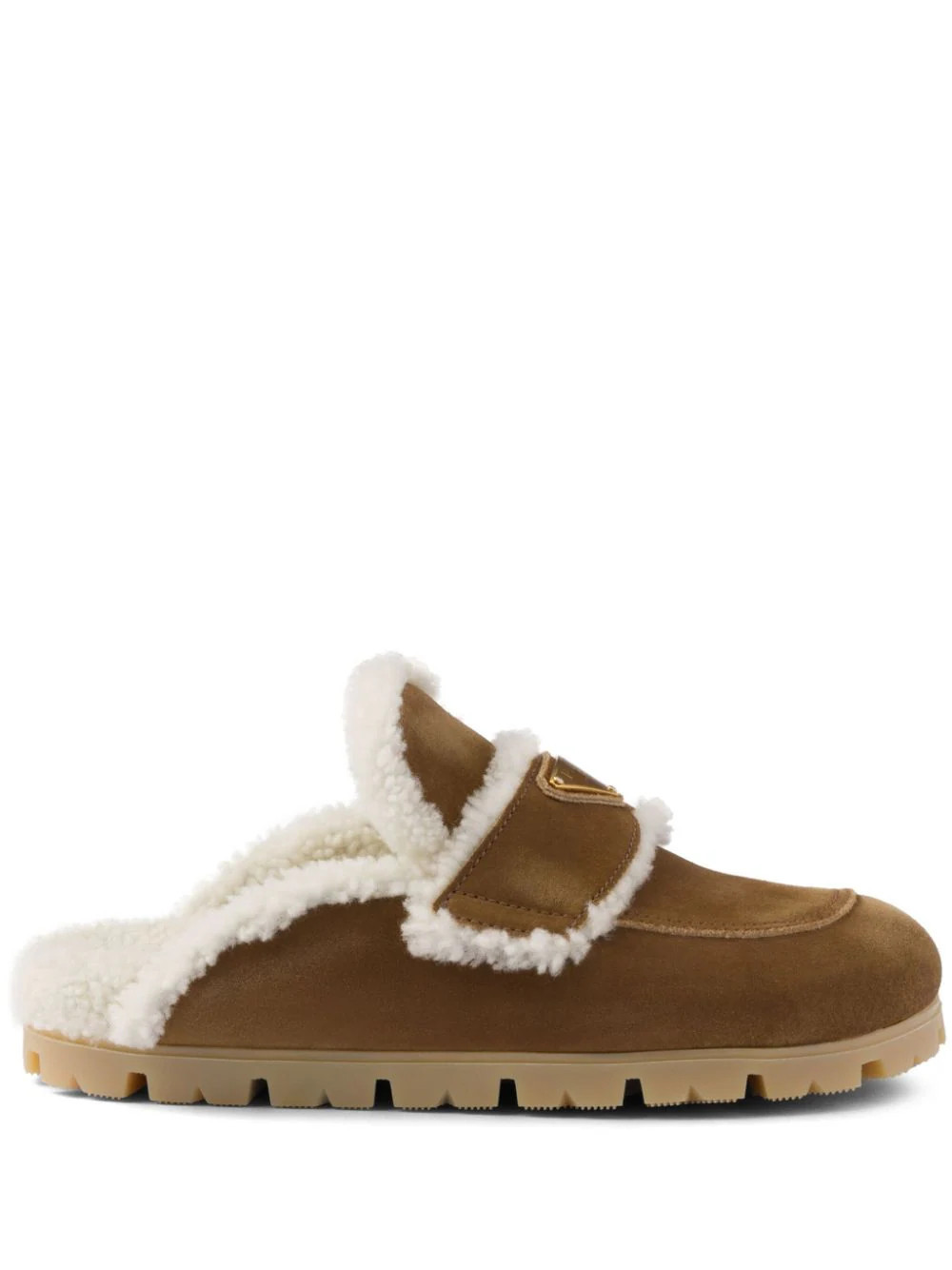Prada shearling-trim suede mules - Brown | Farfetch Global