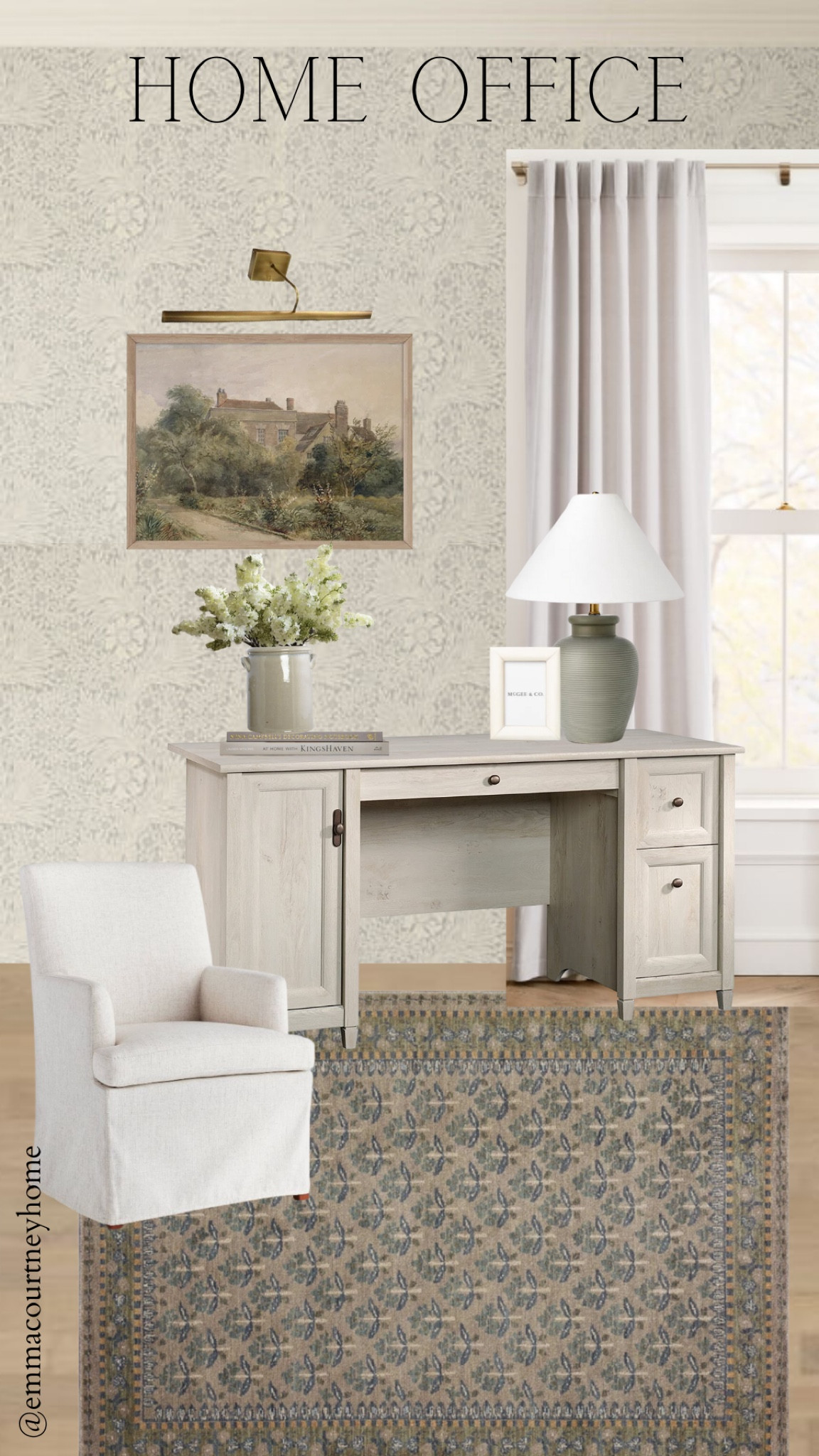 Home office decor ideas. Mood board. Desk, armchair, lamp, Etsy art. Target. Amazon. Wayfair  

#LTKFind #LTKhome #LTKstyletip