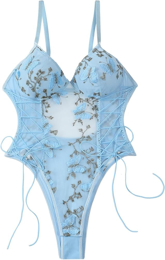 Lilosy Women Sexy Lace Up Floral Embroidered Teddy Lingerie Bodysuit Top Mesh Sheer One Piece | Amazon (US)