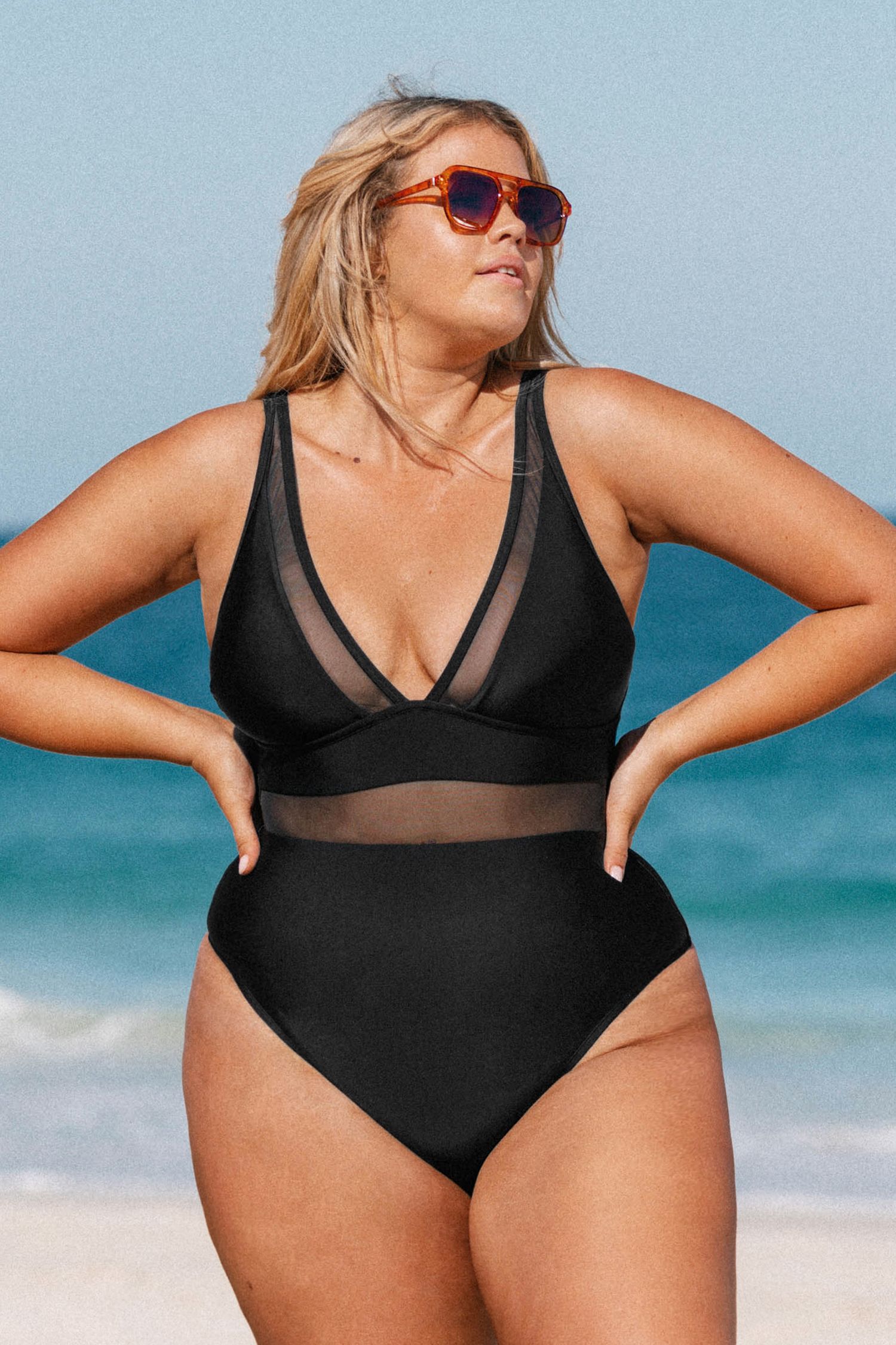 Omniscient Solid Mesh Panel Tummy Control Black Plus Size One Piece | Cupshe US