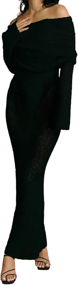 LETSVDO Women's Off Shoulder Maxi Dress Long Sleeve Bodycon Knit Crochet Mesh Sweater Sexy Vacati... | Amazon (US)