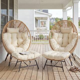 Indoor Outdoor Wicker Egg Lounge Chair with Ottoman, Beige Cushion, Deep Seat Patio Boho Papasan Chair for Porch(2-Pack) | The Home Depot