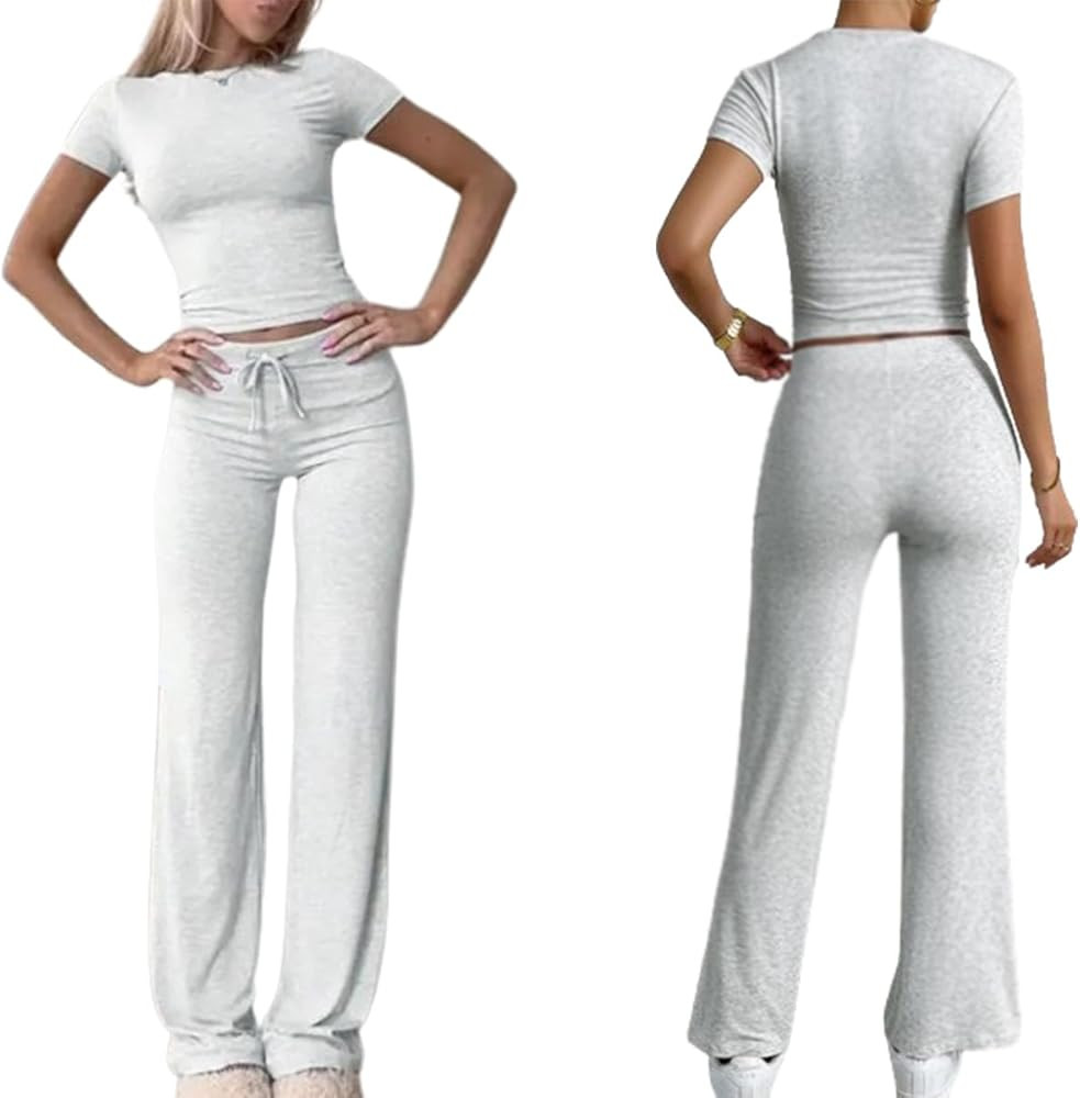 Women's Solid Short Sleeve Two Piece Set,Women's Round Neck Crop Tee and Drawstring High Waist Tr... | Amazon (US)