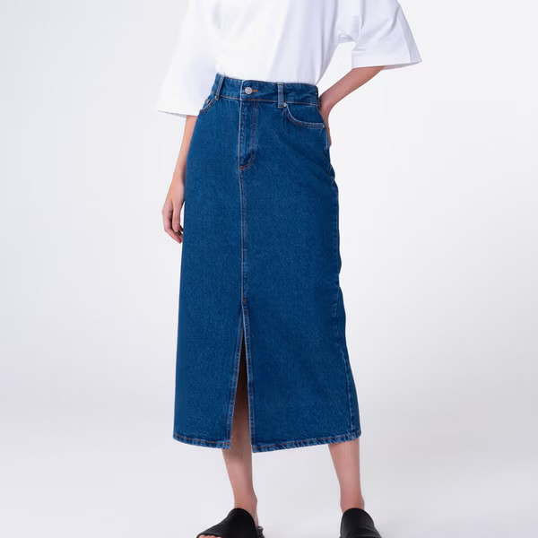 Aligne Greta Organic Cotton-Denim Midi Skirt | The Hut (UK)