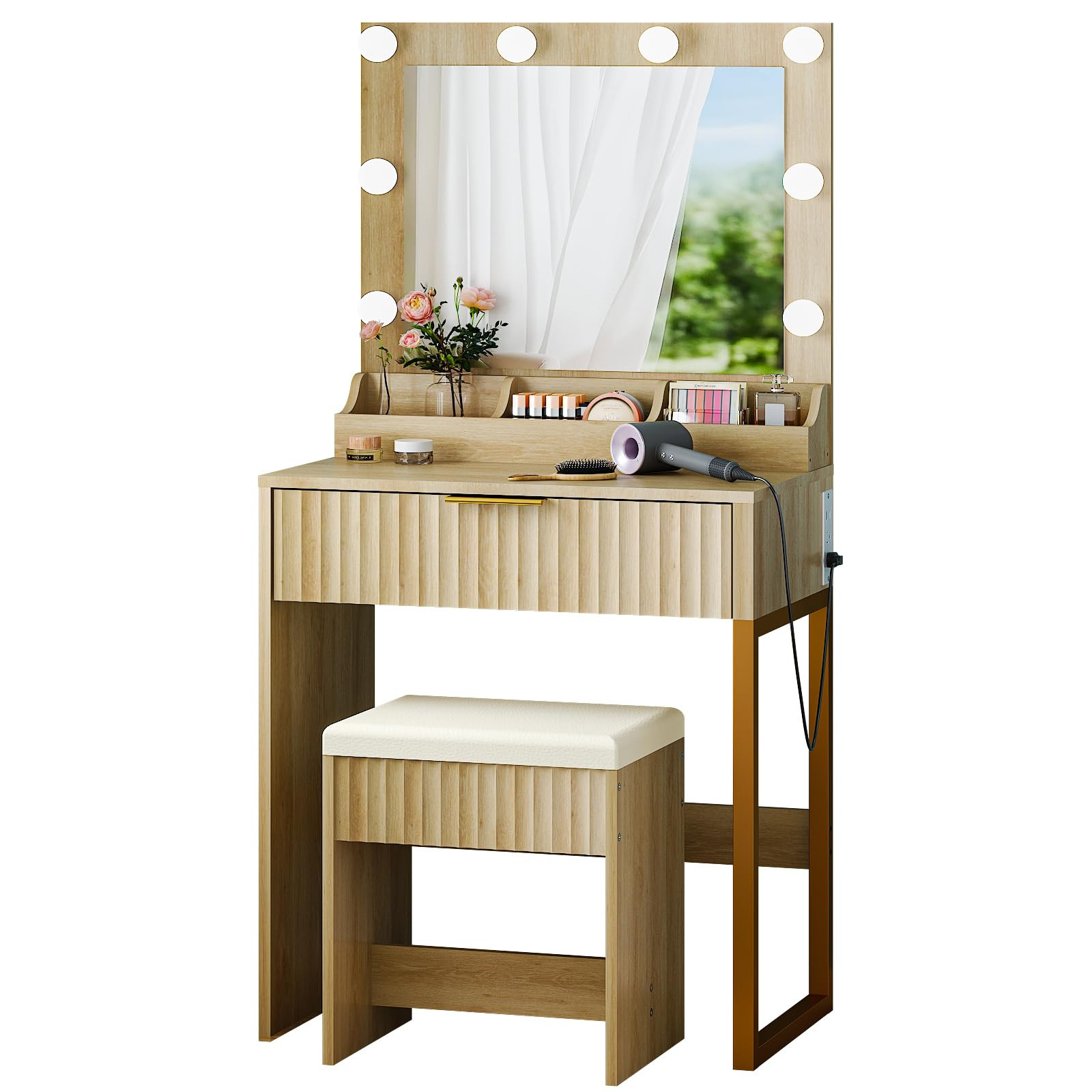 VINGLI Fluted Makeup Vanity Desk Set with Chair & Mirror & Lights & Power Outlet, Small Vanity Ta... | Amazon (US)