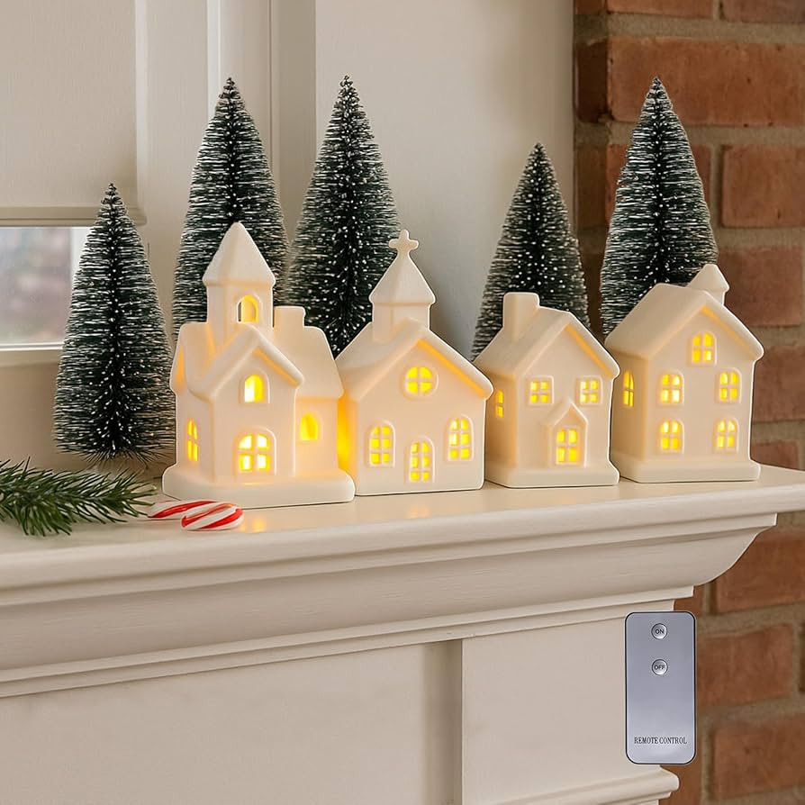 9 Pcs Christmas Village Figurines Sets - 4 Lighted Ceramic Houses with Remote Control & 5 Trees -... | Amazon (US)