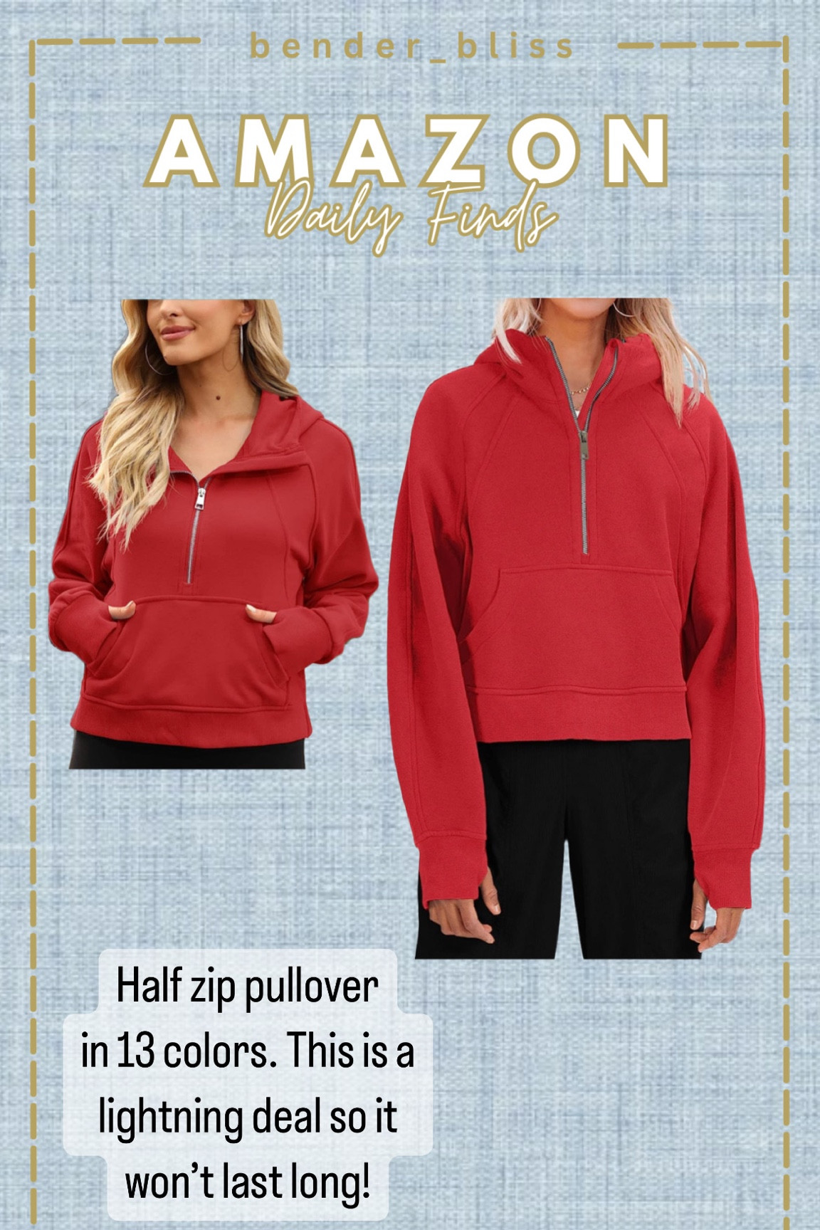 Half zip pullover in 13 colors. Another amazing dupe  

#LTKxPrimeDay #LTKFind #LTKsalealert