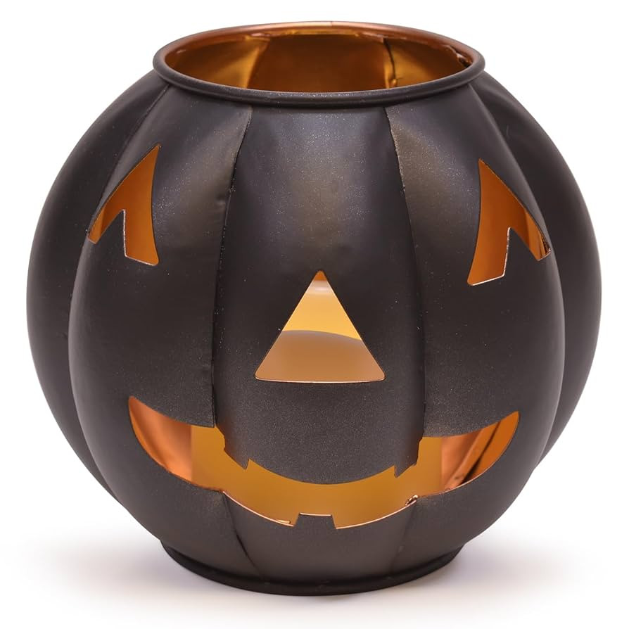 Metal Jack O' Lantern Pumpkin Flamless LED Candle Lantern, 5 Inch, Black with Gold Interior | Amazon (US)