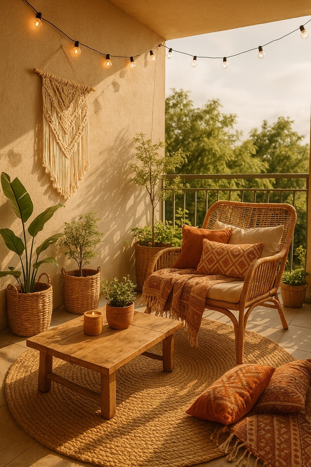 Balcony dreams come true 🌿☀️ I’m obsessed with mixing rattan furniture, cozy cushions, and a jute rug for that perfect boho vibe. Added string lights and a few woven planters for extra charm. I’ve tagged similar items so you can shop the style 

This image was AI-generated.

✨ #bohostyle #ltkhome #balconyinspo