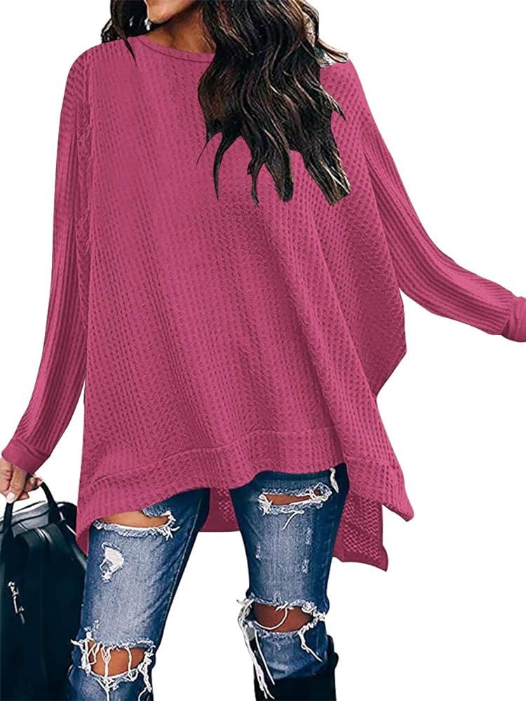 ANRABESS Women's Sweater Oversized Crewneck Long Batwing Sleeve Waffle Knit Casual Loose Split Hem T | Amazon (US)