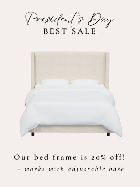 Our bed frame is 20% off for Presidents’ Day! We love this bed and works with our adjustable base. 
•••
Master bedroom, bedroom furniture, king bed, upholstered bed frame, furniture sale

#LTKhome #LTKSpringSale