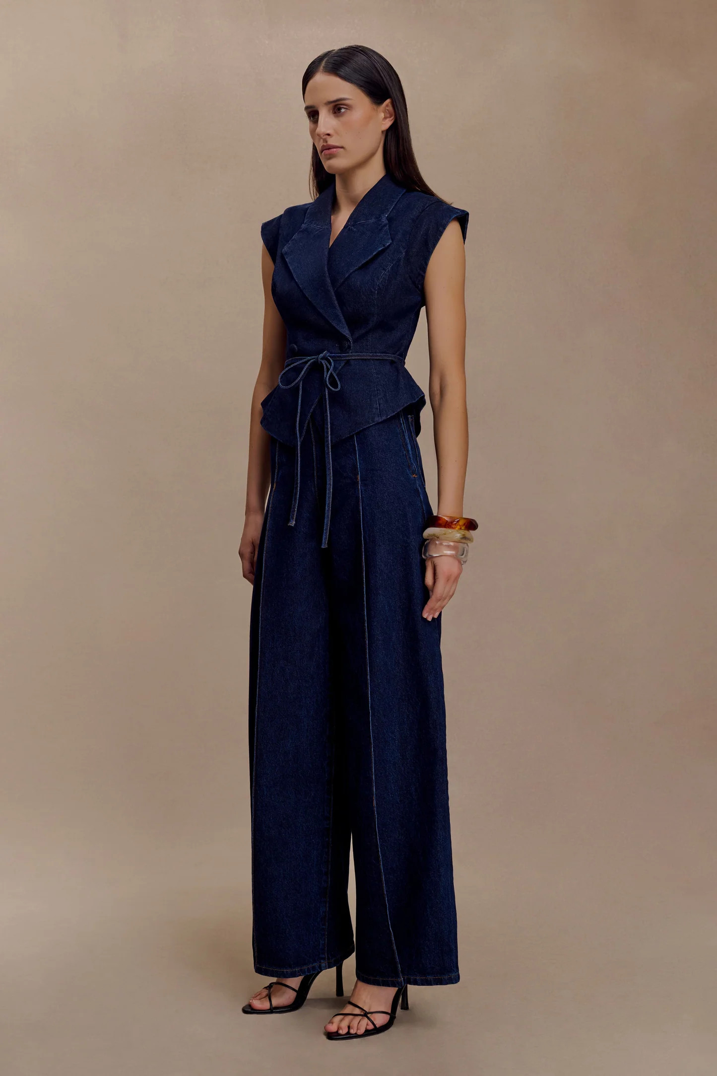 Charley Structured Tie Denim Top - Indigo Blue | MESHKI US