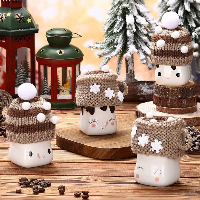 Aoriher 4 Pieces Christmas Marshmallow Mug Hat Crochet Mug Hat Mini Knit Mug Cocoa Mugs Decor Mug... | Amazon (US)
