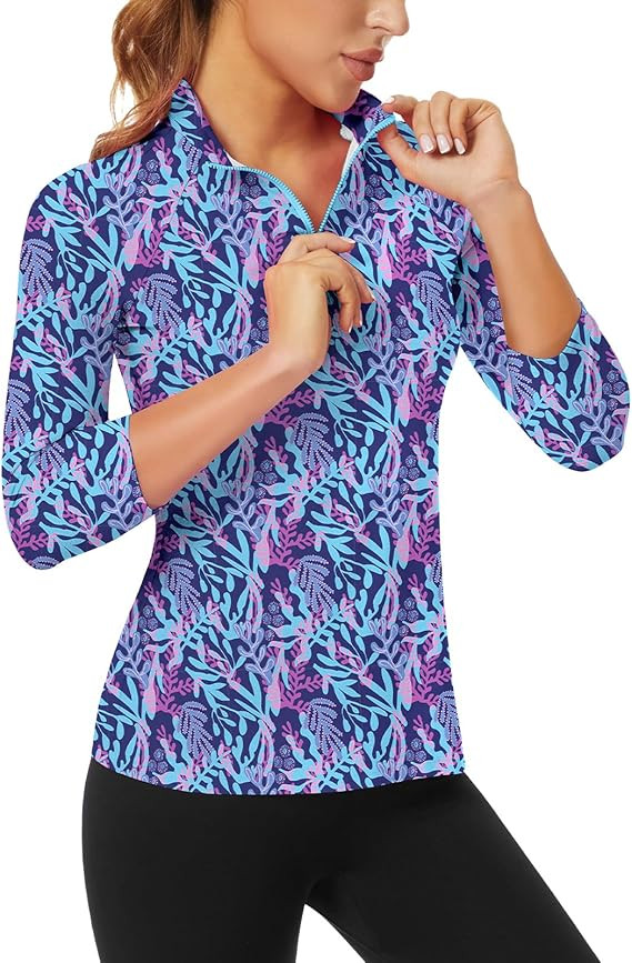 WOWENY Women's 3/4 Sleeve Athletic Golf Shirts Quarter Zip Pullover Collared T-Shirt Workout Prin... | Amazon (US)