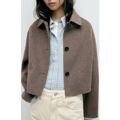 MANGO Alex Wool Blend Crop Jacket in Medium Brown at Nordstrom, Size X-Large | Nordstrom