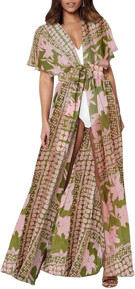 Pink Queen Women's Short Sleeve Beach Chiffon Kimono Cardigan Tie Front Long Bathing Suit Swimsuit C | Amazon (US)