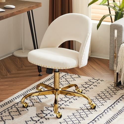 VINGLI Modern Velvet Small Office Chair,Cute Desk Chair with Wheels,Gold Base/Studs, Comfy Armles... | Amazon (US)