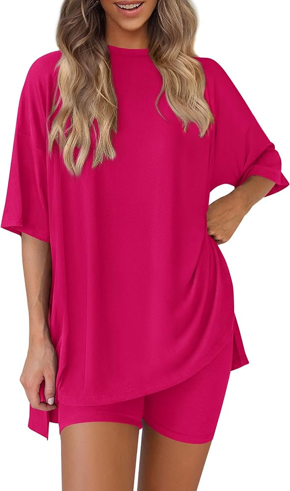 PRETTYGARDEN Women's Two Piece Lounge Set 2025 Summer Casual Oversized Shirts Biker Shorts Matchi... | Amazon (US)