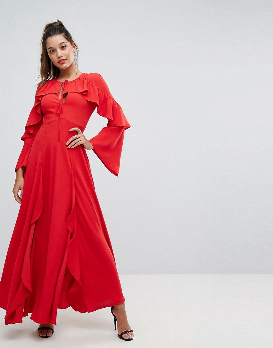 Forever New Flippy Maxi Dress with Frill Detail - Red | ASOS US