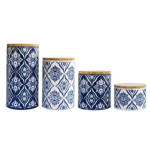American Atelier Pirouette 4 Piece Variety Stoneware Canister Set with Wooden Lids, Blue and Whit... | Walmart (US)