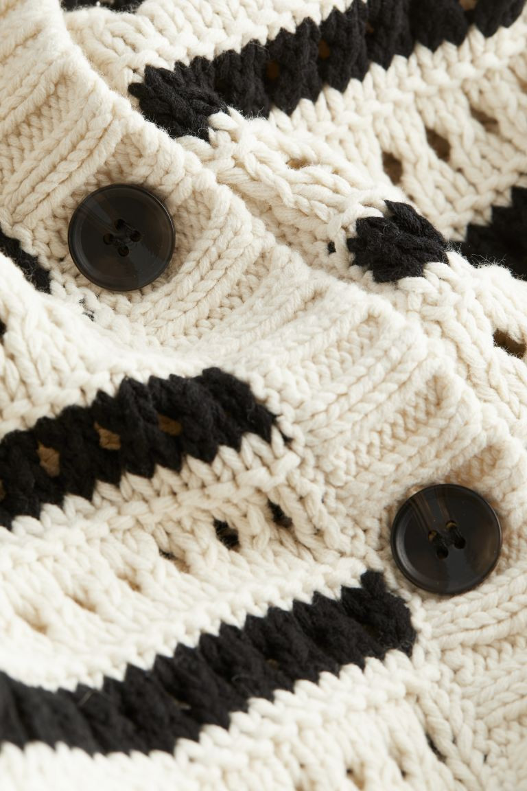 Hole-knit Cardigan with Collar - Light beige/striped - Ladies | H&M US | H&M (US + CA)
