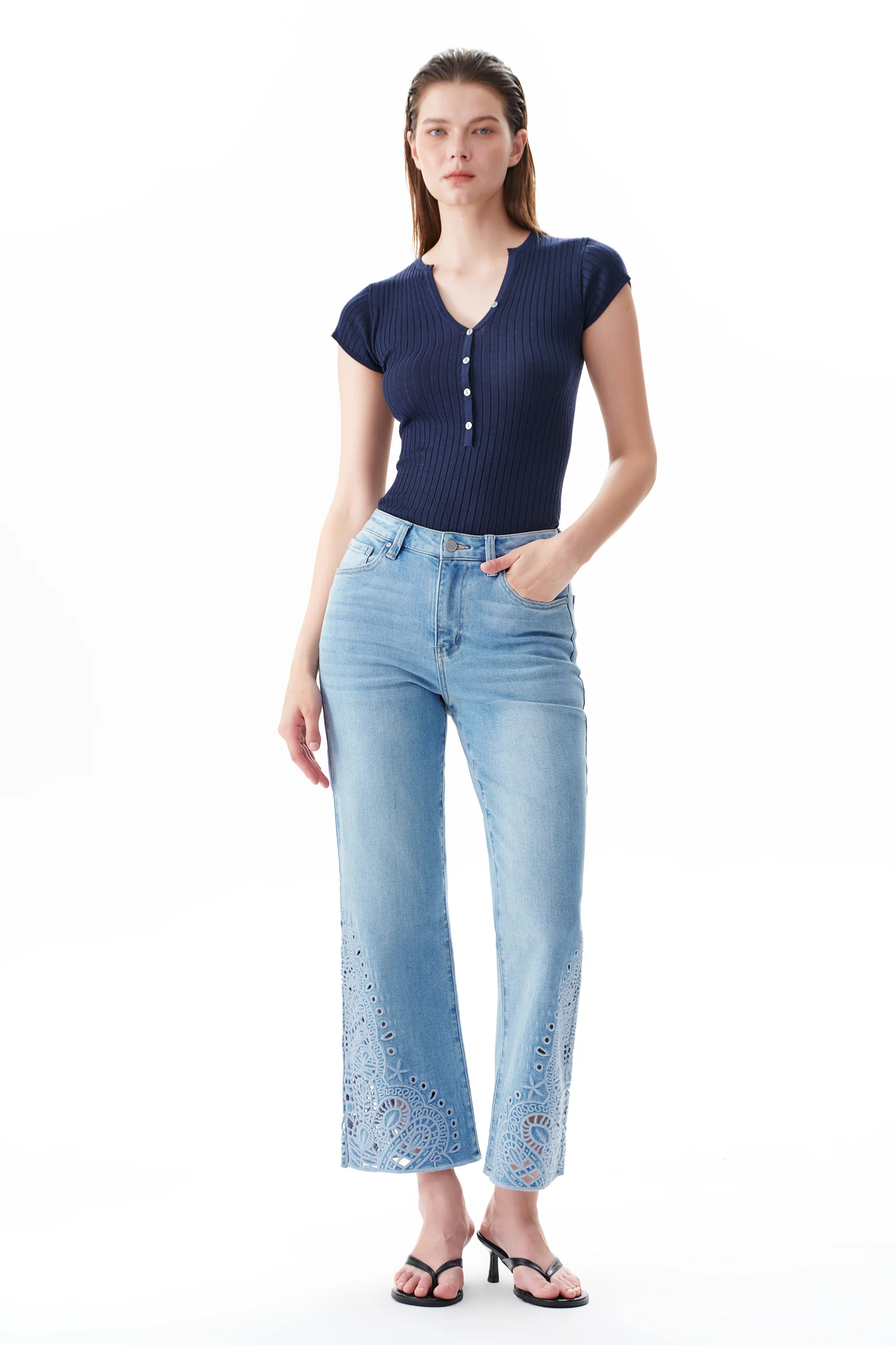 High Rise Ankle Embroidered Lace Straight Leg Pants | BAYEAS