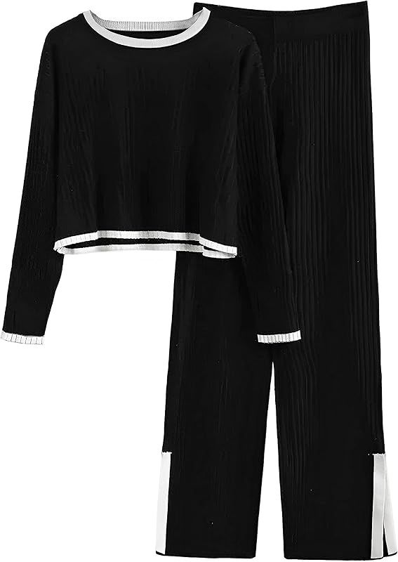 Sweater Sets Women 2 Piece Lounge Sets Long Sleeve Crop Pullover Tops High Waist Wide Leg Pants S... | Amazon (US)