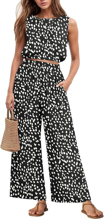 GRECERELLE Two Piece Sets for Women Sleeveless Crop Top Wide Leg Pants Sweat Set for Women Tracks... | Amazon (US)