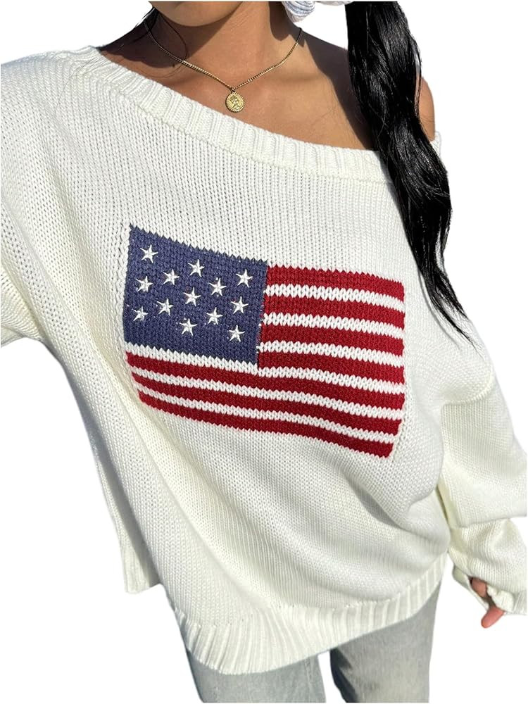 SweatyRocks Women's Oversized Off The Shoulder Sweater Flag Pattern Pullover Crewneck Sweaters Fa... | Amazon (US)