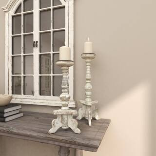 Litton Lane White Wood Tall Candle Holder with Distressed Accents (Set of 2) 20408 - The Home Dep... | The Home Depot