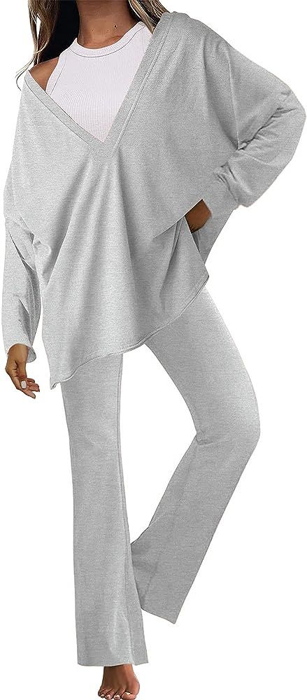 Xiaoxuemeng Womens Workout Set 2 Piece Outfit Oversized Reversible Long Sleeve Sets Flared Pants ... | Amazon (US)