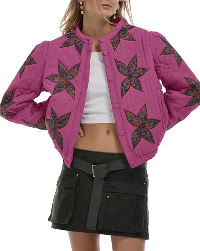 Locachy Women's Casual Cropped Puffer Jacket Lightweight Flower Embroidery Winter Warm Quilted Jacket Coat with Pockets Rose M | Amazon (US)