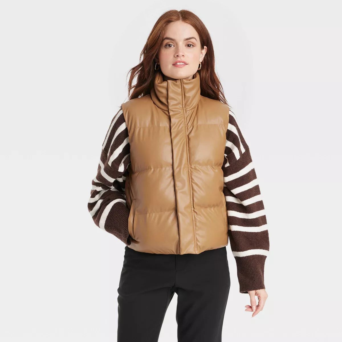 Women's Faux Leather Puffer Vest - A New Day™ Brown S | Target