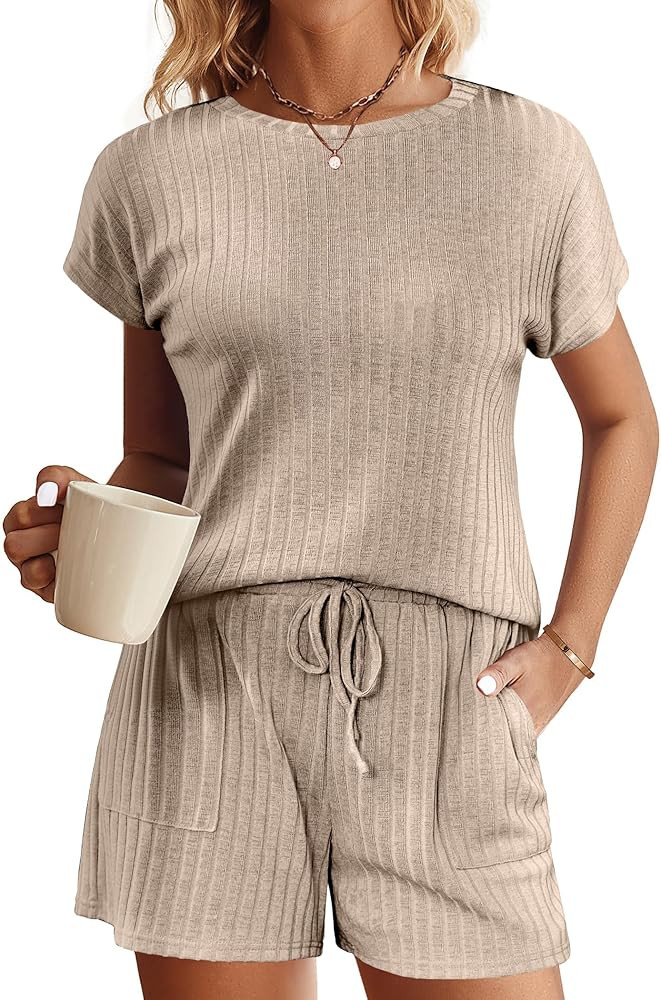 Ekouaer Pajamas Set for Women 2 Piece Pjs Ribbed Knit Lounge Set Cap Sleeve Loungewear Sleepwear ... | Amazon (US)