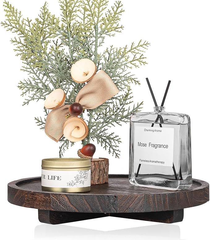 Round Decorative Tray Wood Bathroom Counter Organizer Farmhouse Kitchen Decor Wooden Riser for So... | Amazon (US)