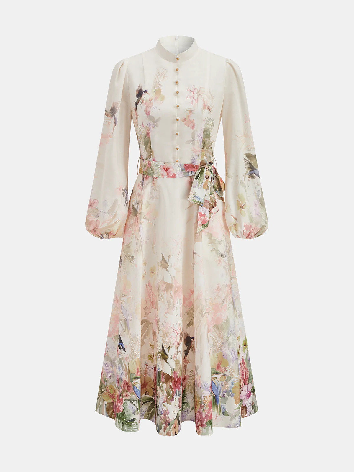 Floral Print Belted Puffed Sleeve Maxi Dress | Commense