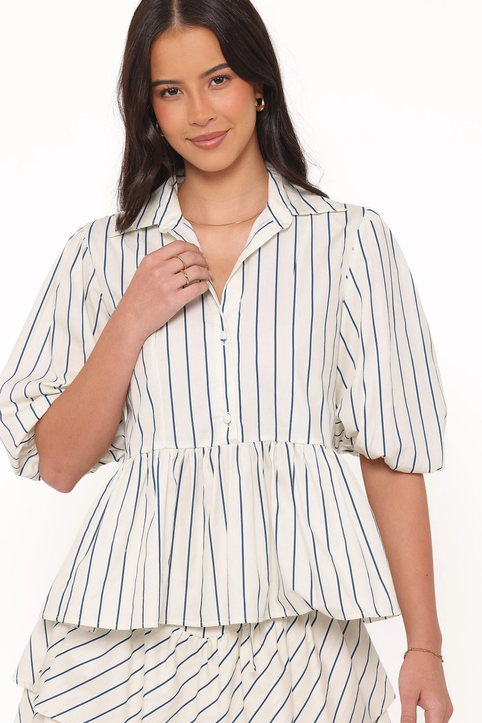 Thomas Short Sleeve Peplum Top - Yellow/Blue Stripe | Petal & Pup (US)