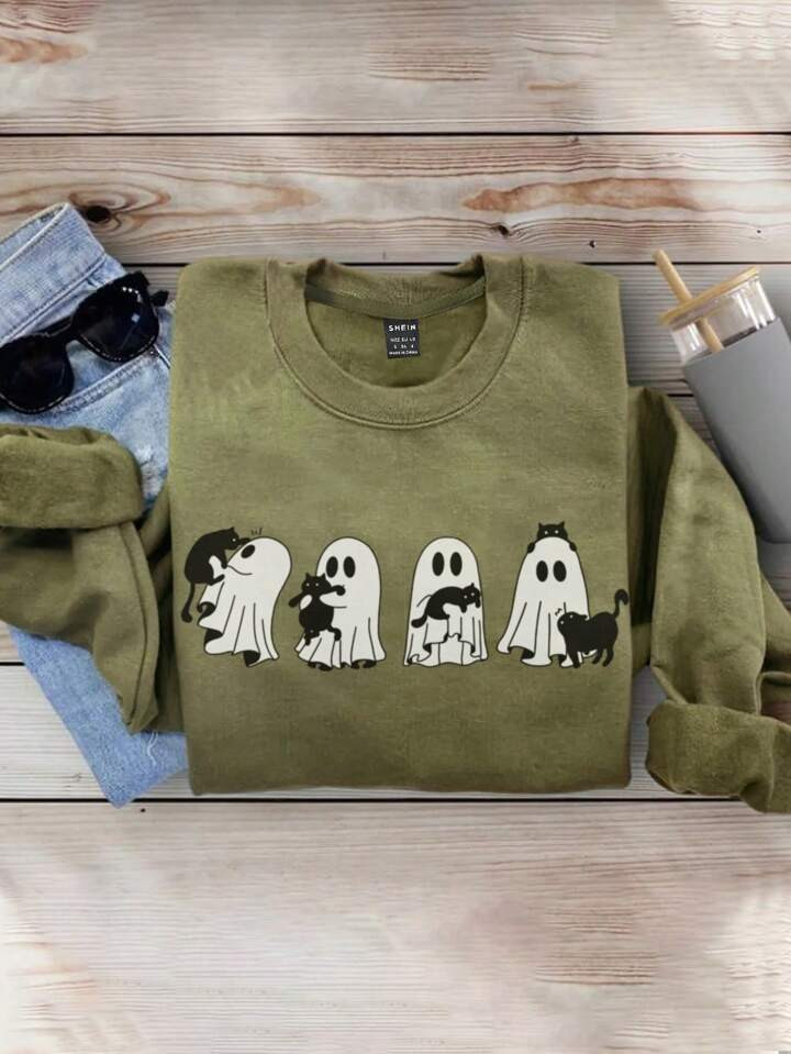 SHEIN LUNE Halloween Women's Casual Simple Cat & Ghost Pattern Crew Neck Thick Loose Sweatshirt, ... | SHEIN