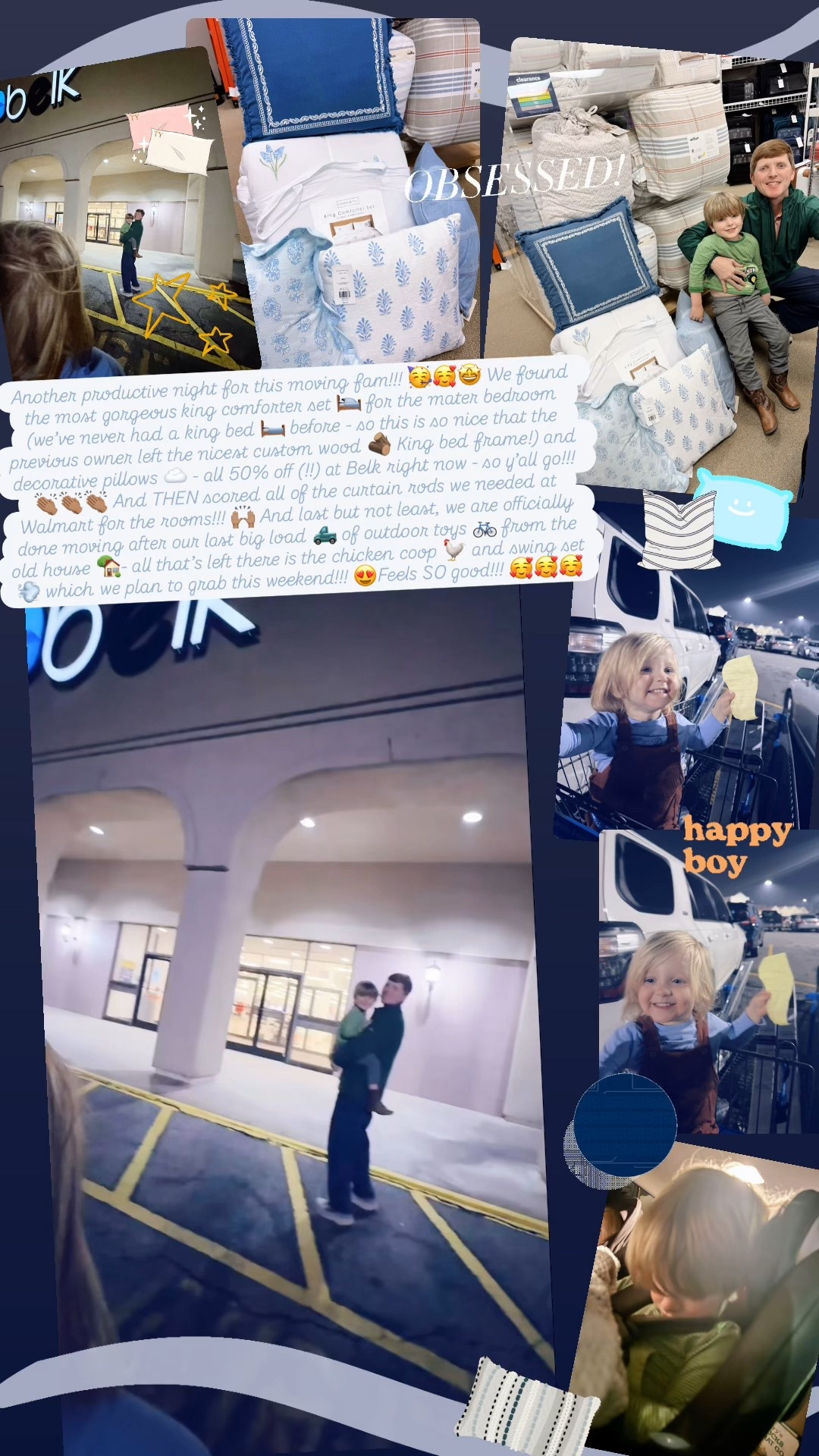 Another productive night for this moving fam!!! 🥳🥰🤩 We found the most gorgeous king comforter set 🛌 for the mater bedroom (we’ve never had a king bed 🛏️ before - so this is so nice that the previous owner left the nicest custom wood 🪵 King bed frame!) and decorative pillows ☁️ - all 50% off (!!) at Belk right now - so y’all go!!! 👏🏽👏🏽👏🏽 And THEN scored all of the curtain rods we needed at Walmart for the rooms!!! 🙌🏽 And last but not least, we are officially done moving after our last big load 🛻 of outdoor toys 🚲 from the old house 🏡- all that’s left there is the chicken coop 🐓 and swing set 💨 which we plan to grab this weekend!!! 😍Feels SO good!!! 🥰🥰🥰