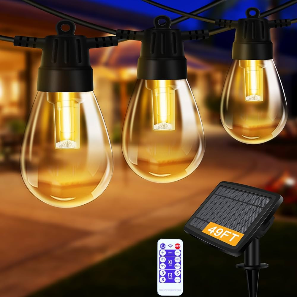 Solar String Lights Outdoor Waterproof, 49FT LED Solar Patio Lights, Remote Control, USB Charged,... | Amazon (US)
