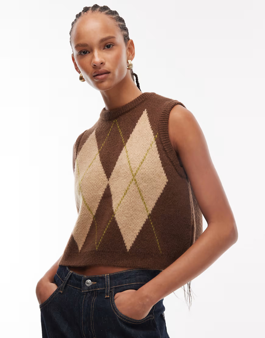ASOS DESIGN fluffy knitted argyle tank in olive-Multi | ASOS (Global)