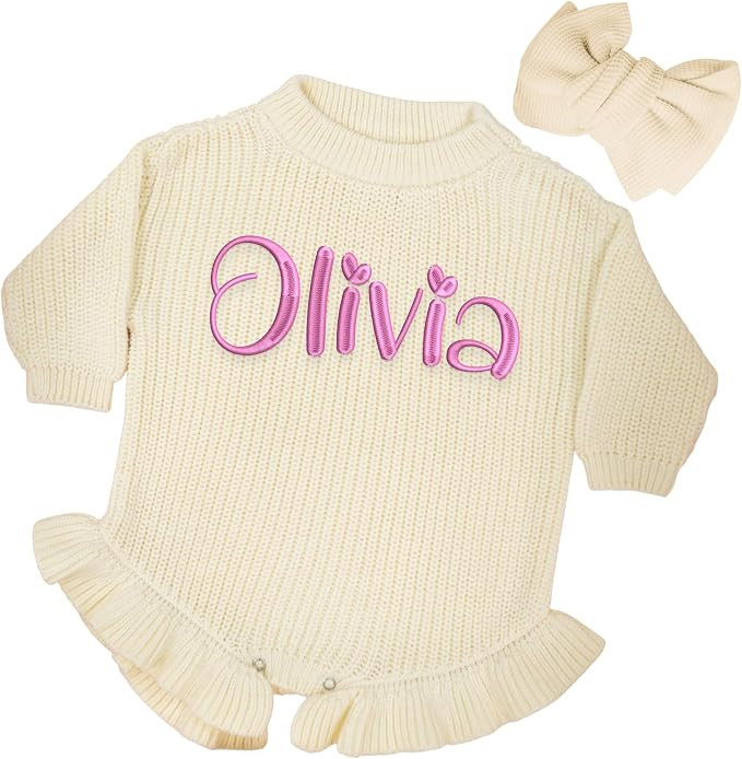 Personalized Chunky Knit Sweater Romper, Custom Baby Name, Embroidered Baby Outfit, Infant One-Pi... | Amazon (US)
