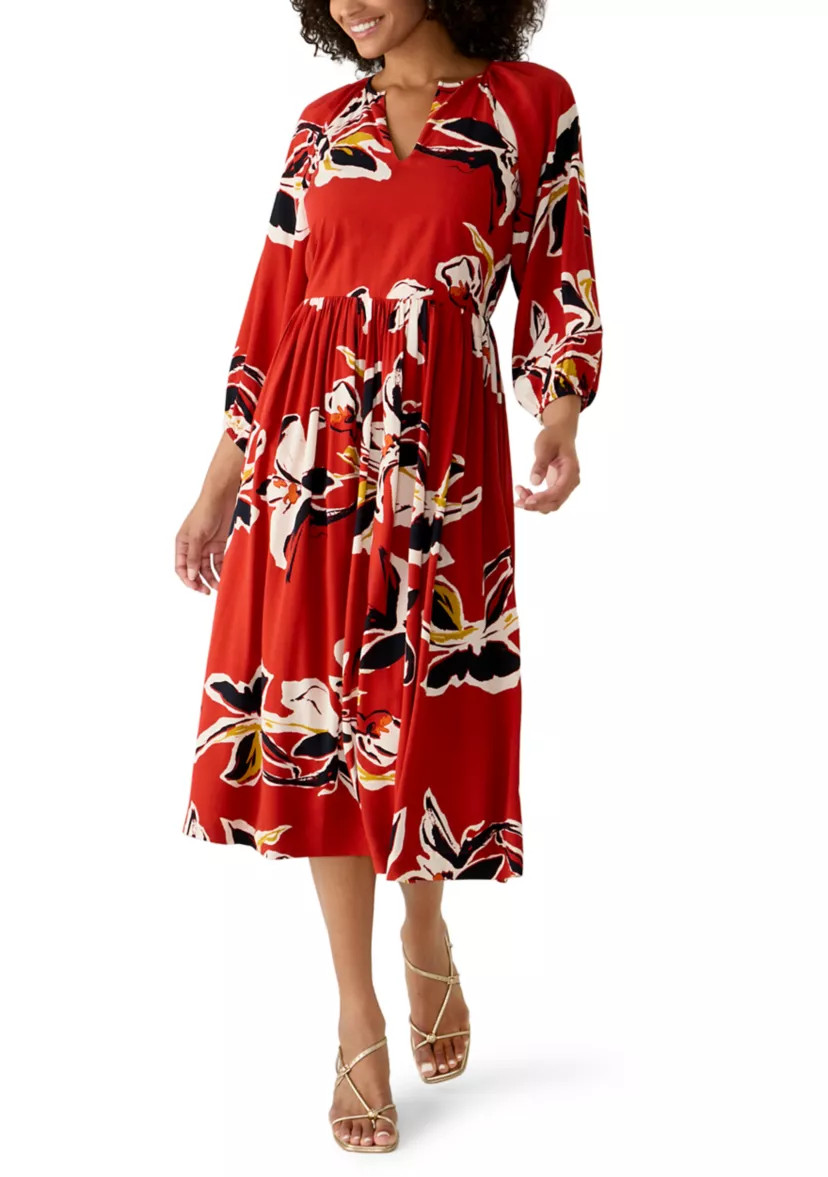 Women's 3/4 Sleeve Split Neck Floral Midi Dress | Belk