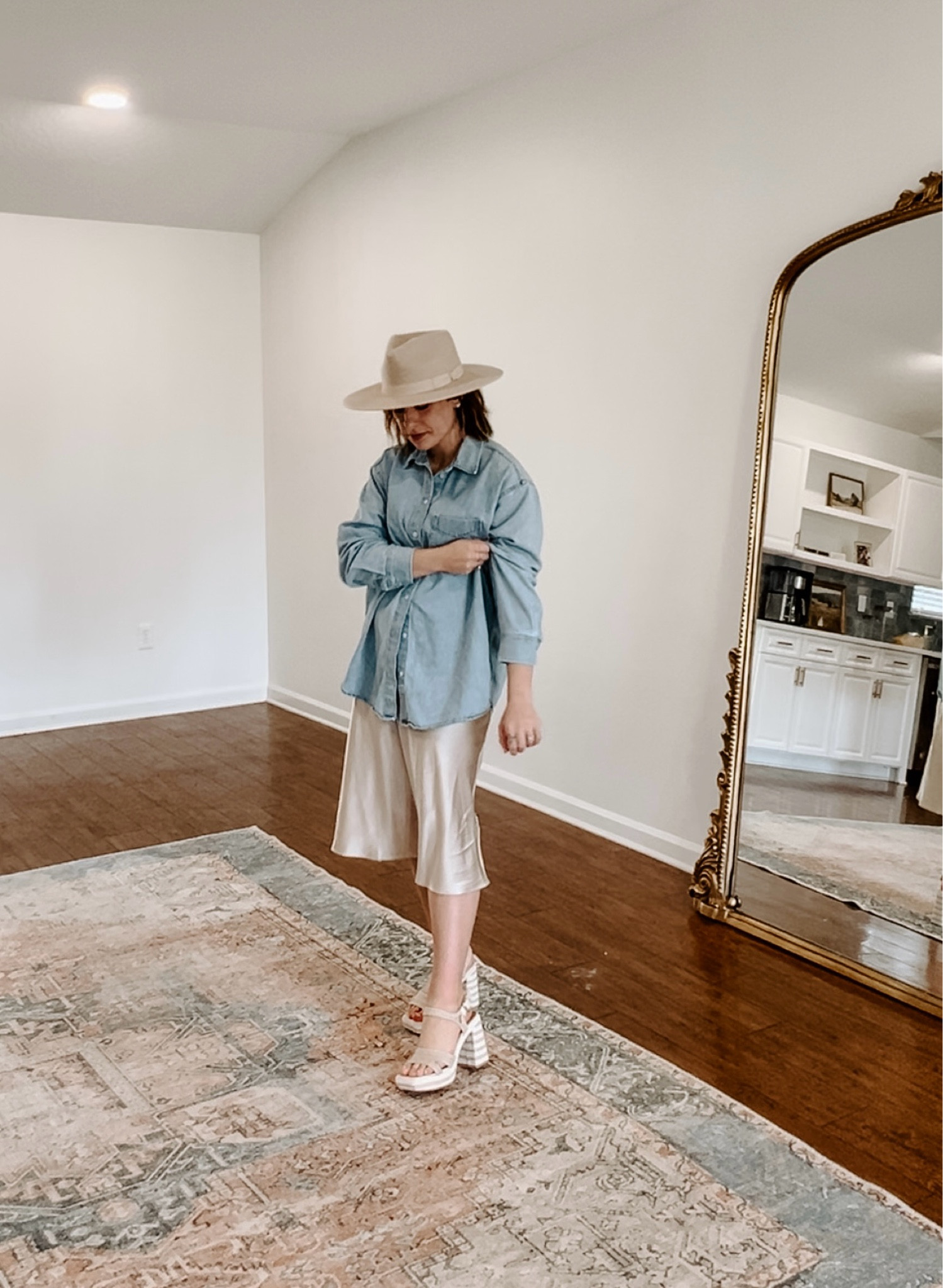 Sunday ootd. Jean shirt and silk midi skirt  

#LTKstyletip #LTKSeasonal #LTKshoecrush