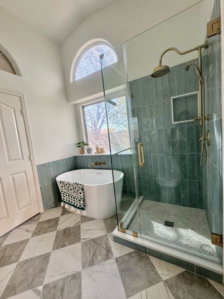 Bathroom remodel ideas with tub. Bathroom Decor. Checkered tile. Checkered flooring. 

#LTKSaleAlert #LTKSeasonal #LTKHome