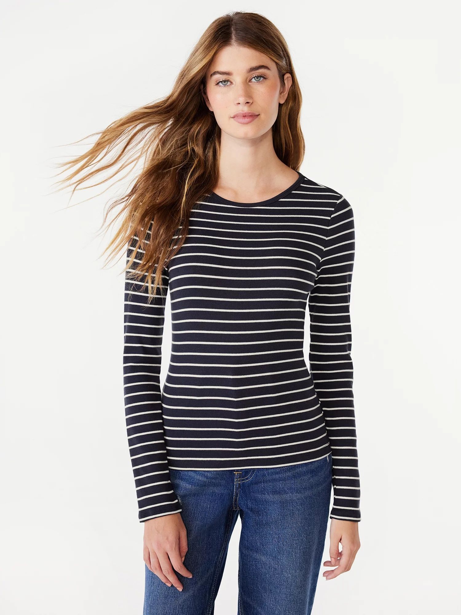 Free Assembly Women's Ribbed Crewneck T-Shirt with Long Sleeves, Sizes XS-XXL | Walmart (US)