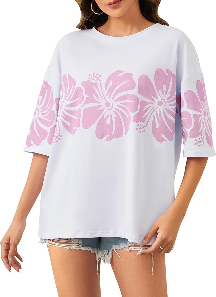 Cotton Oversized Hibiscus Tee Shirt for Women Floral Graphic Hawaiian T Shirts Casual Summer Vaca... | Amazon (US)