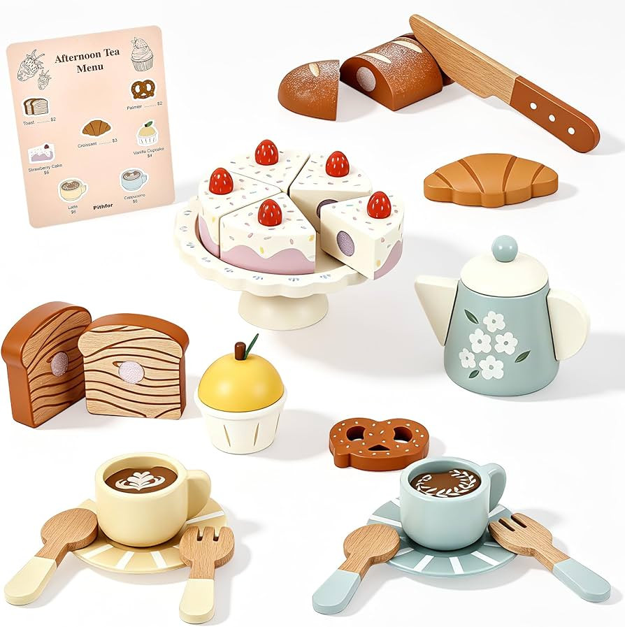 Pithfor Wooden Tea Set for Little Girls, Wooden Dessert Play Food for Toddlers Kids, Pretend Play... | Amazon (US)