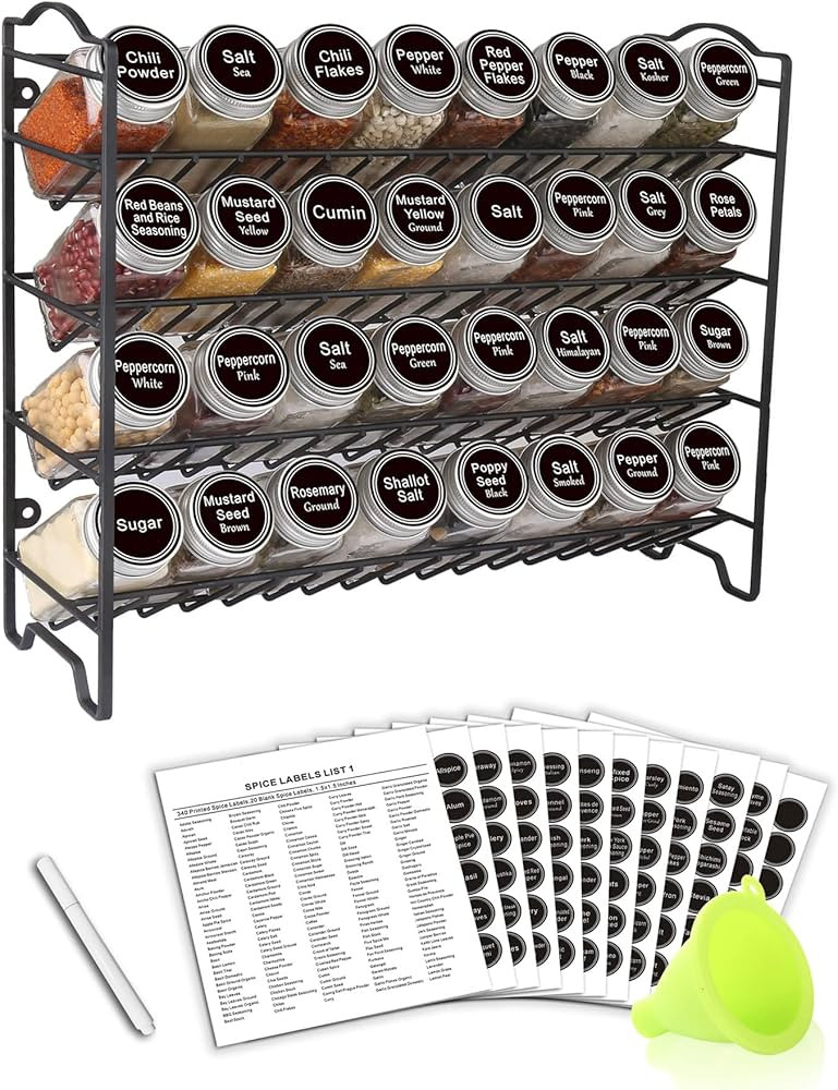 SWOMMOLY Spice Rack Organizer with 32 Glass Spice Jars, 396 Spice Labels, Chalk Marker and Funnel... | Amazon (US)